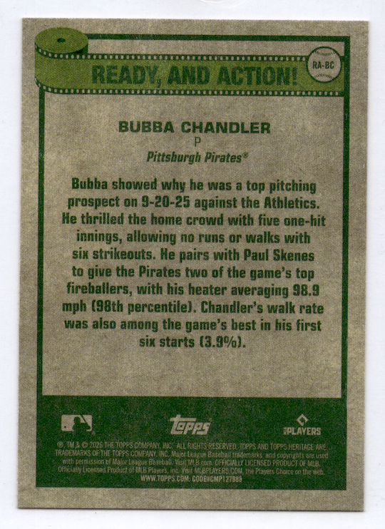 2026 Topps Heritage Ready and Action #RABC Bubba Chandler (Pittsburgh Pirates)