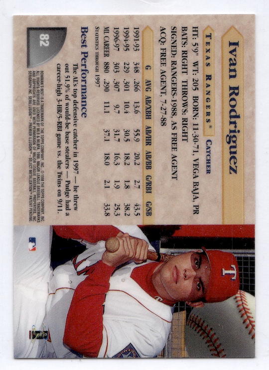1998 Bowman's Best #82 Ivan Rodriguez (Texas Rangers)