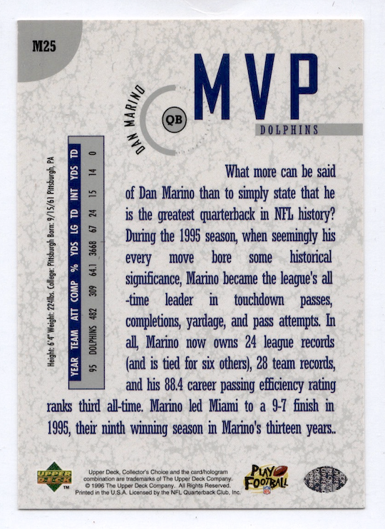1996 Collector's Choice MVPs #M25 Dan Marino (Miami Dolphins)