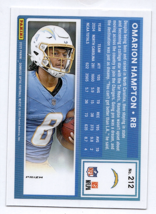 2025 Donruss Optic Holo #212 Omarion Hampton Rated Rookie (Los Angeles Chargers)