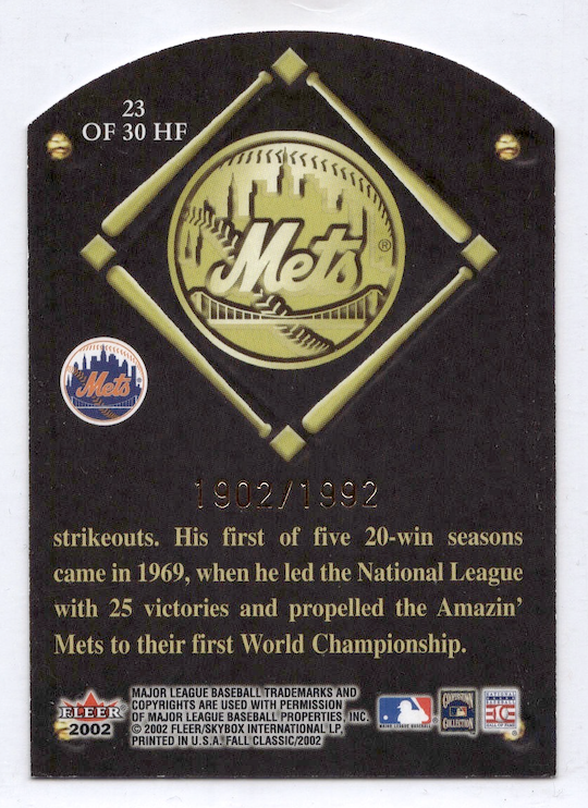 2002 Fleer Fall Classics HOF Plaque #23 Tom Seaver #'d /1992 (New York Mets)