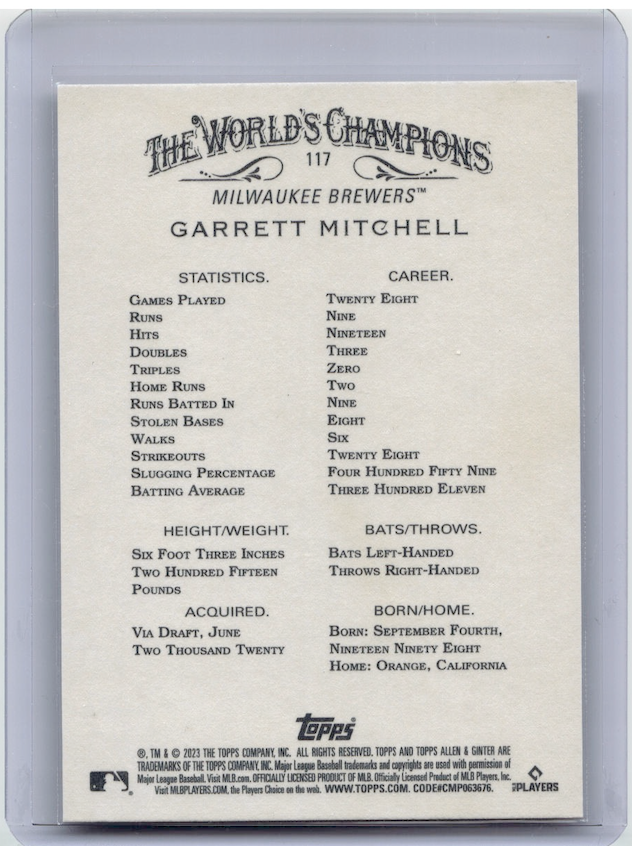 2023 Topps Allen and Ginter #117  Rookie Garrett Mitchell Rookie (Milwaukee Brewers)