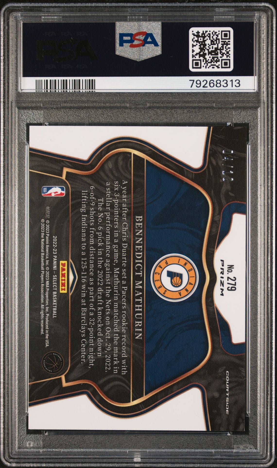 2022-23 Panini Select #279 Bennedict Mathurin Gold Cracked Ice #'d /10 Rookie RC (Pacers) PSA 9 MINT