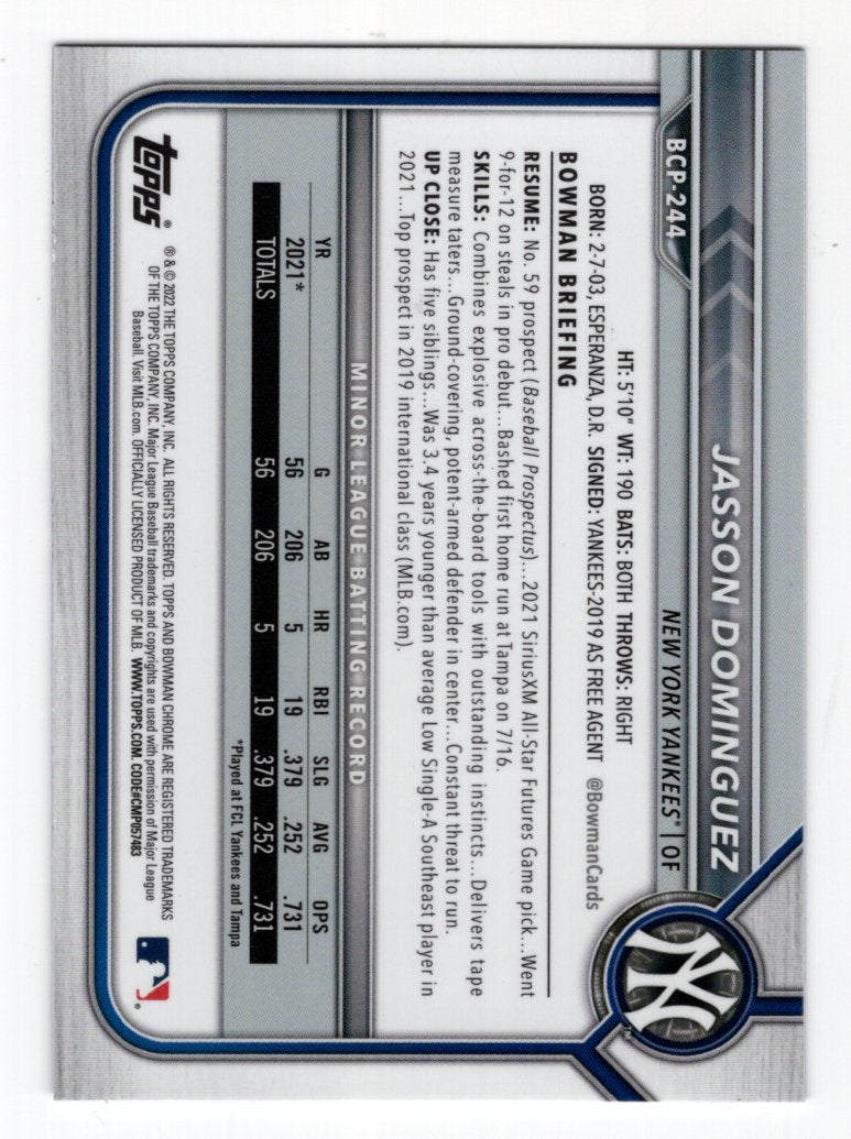 2022 Bowman Chrome Sapphire Edition #BCP-244 Jasson Dominguez Prospects (New York Yankees)