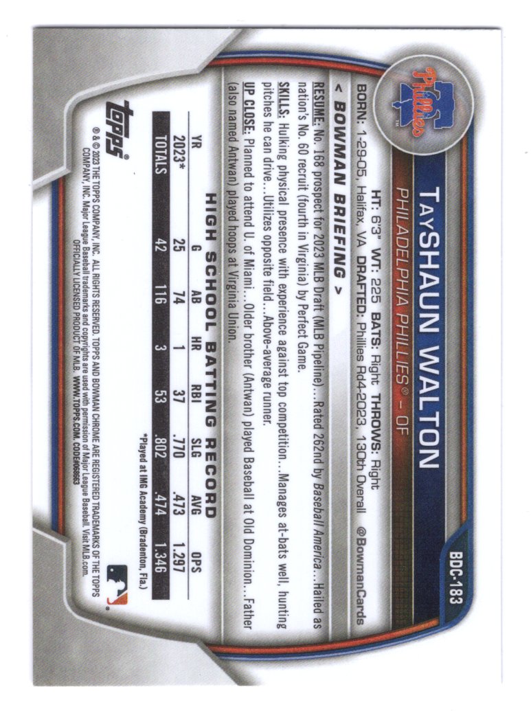 2023 Bowman Draft Chrome Tay Shaun Walton #BDC-183 YELLOW Refractor #'d /75 (Phillies)