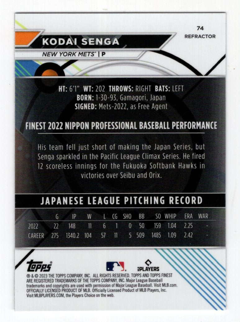 2023 Topps Finest Baseball #74 Kodai Senga Rookie Refractor (New York Mets)
