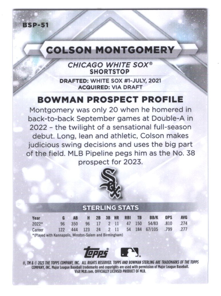 Colson Montgomery 2023 Bowman Sterling #BSP-51 Speckle Refractor #'d /99 (White Sox)