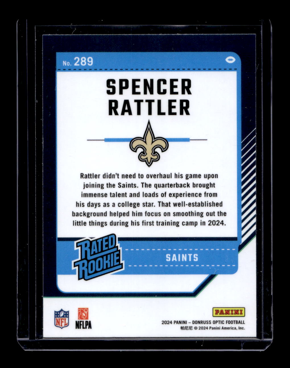 2024 Donruss Optic #289 Spencer Rattler Rated Rookie (New Orleans Saints)