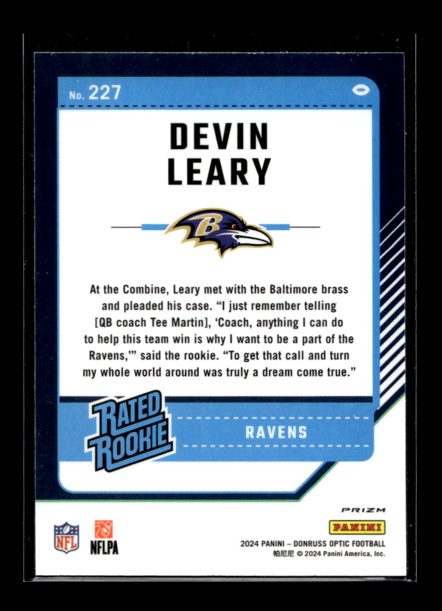 2024 Donruss Optic Holo #227 Devin Leary Rated Rookie (Baltimore Ravens)