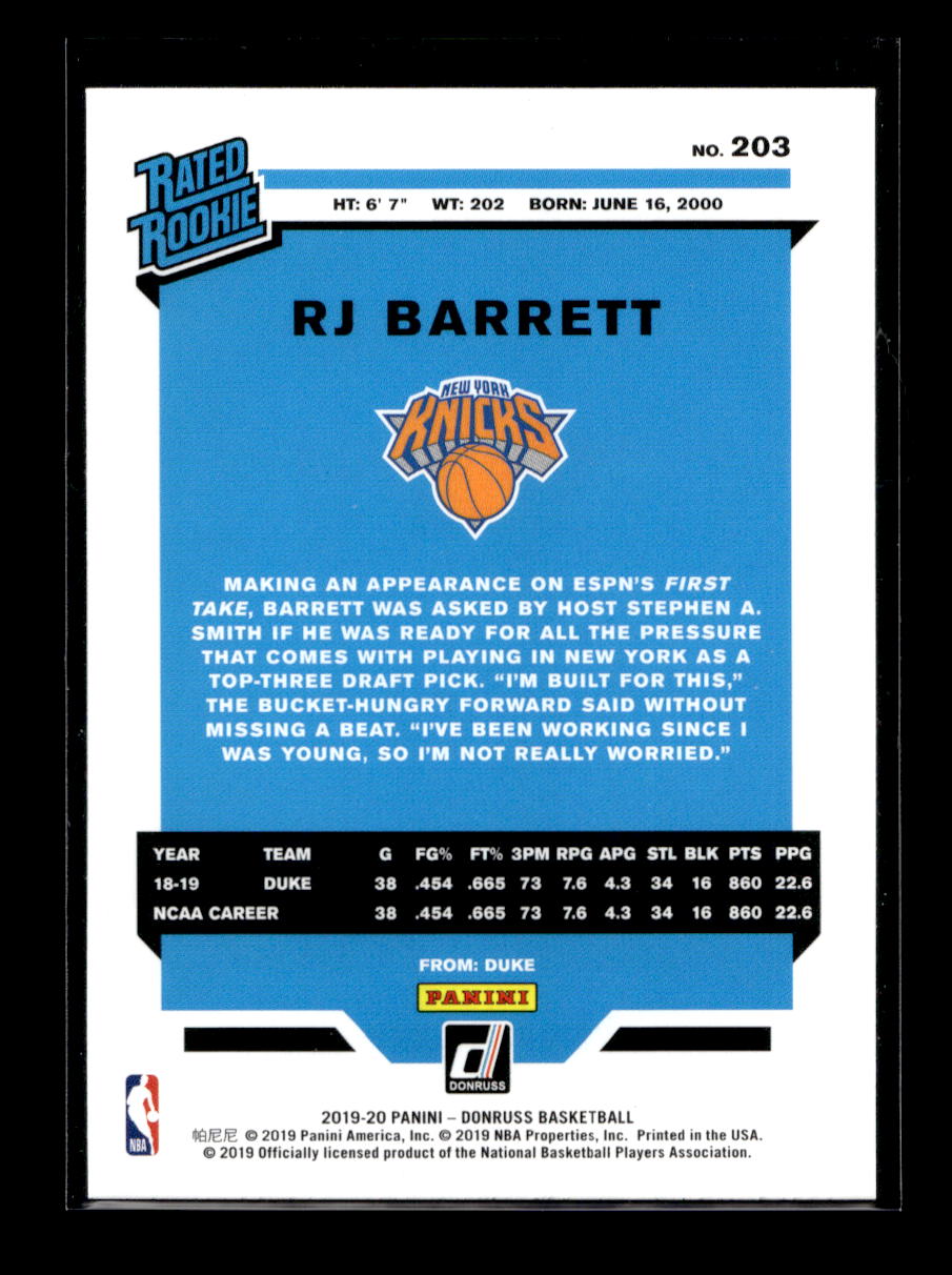 2019-20 Donruss #203 RJ Barrett Rated Rookie (New York Knicks)
