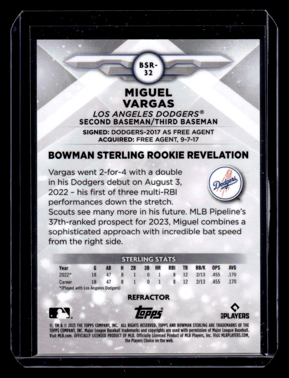 2023 Bowman Sterling Miguel Vargas #BSR-32 Rookie Refractor #'d /199 (Los Angeles Dodgers)