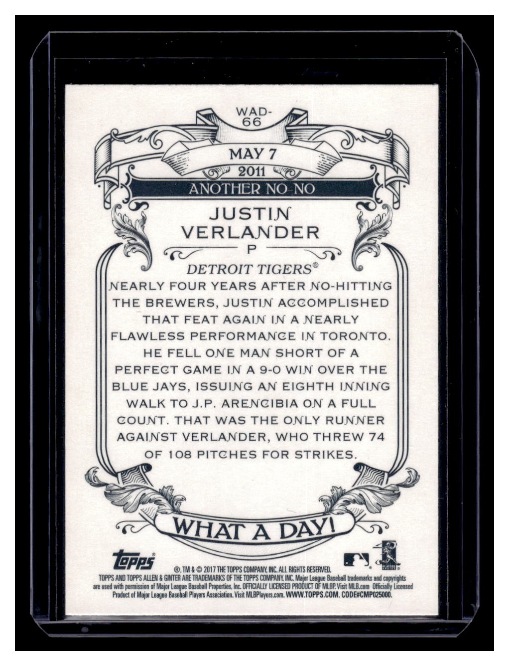 2017 Topps Allen & Ginter "What a Day!" #WAD-66 Justin Verlander (Detroit Tigers)