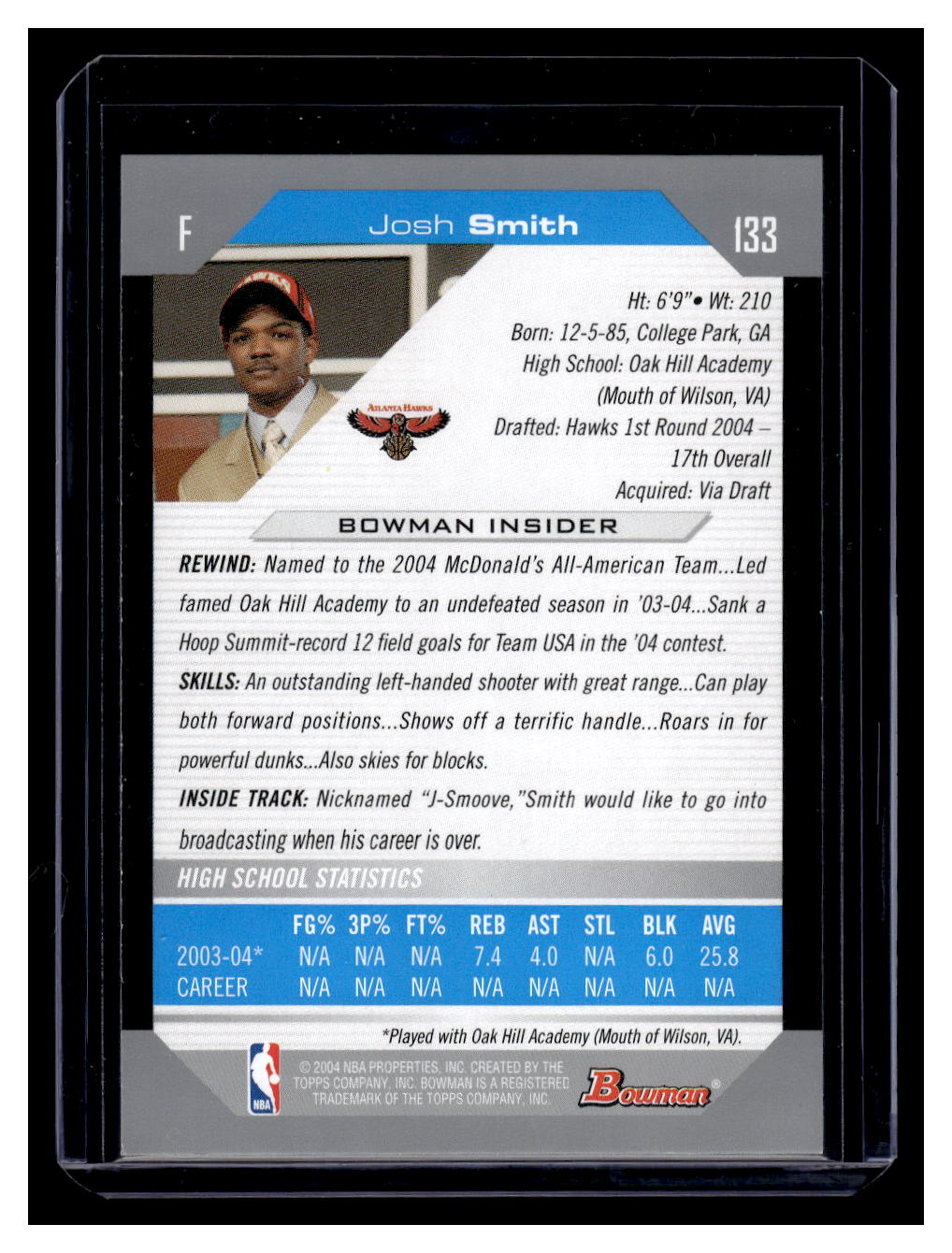 2004 Bowman #133 Josh Smith Rookie RC (Atlanta Hawks)