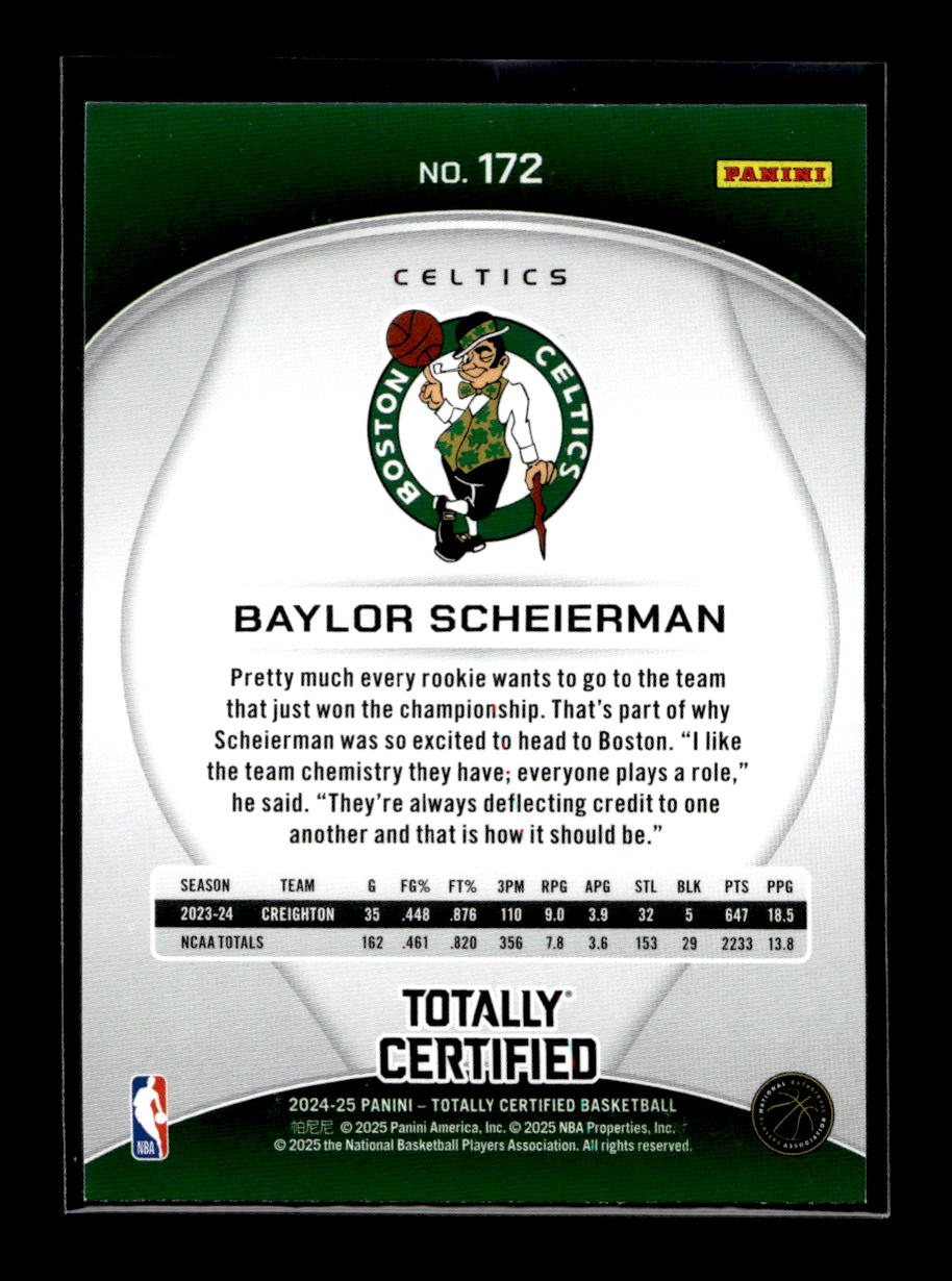 2024-25 Totally Certified #172 Baylor Scheierman Rookie (Boston Celtics)