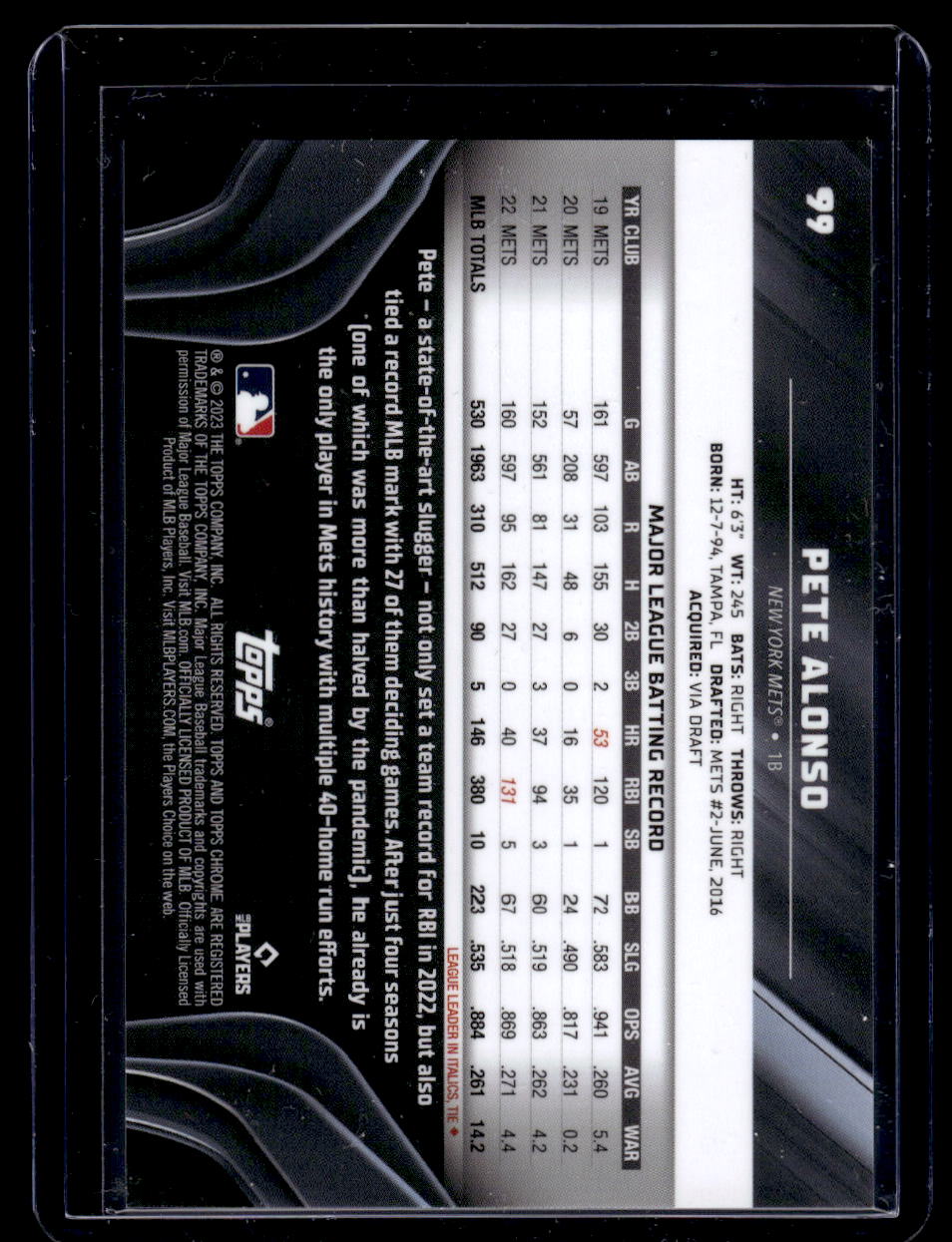 2023 Topps Chrome Black #99 Pete Alonso Purple Mini Diamond Refractor #'d /150 (New York Mets)