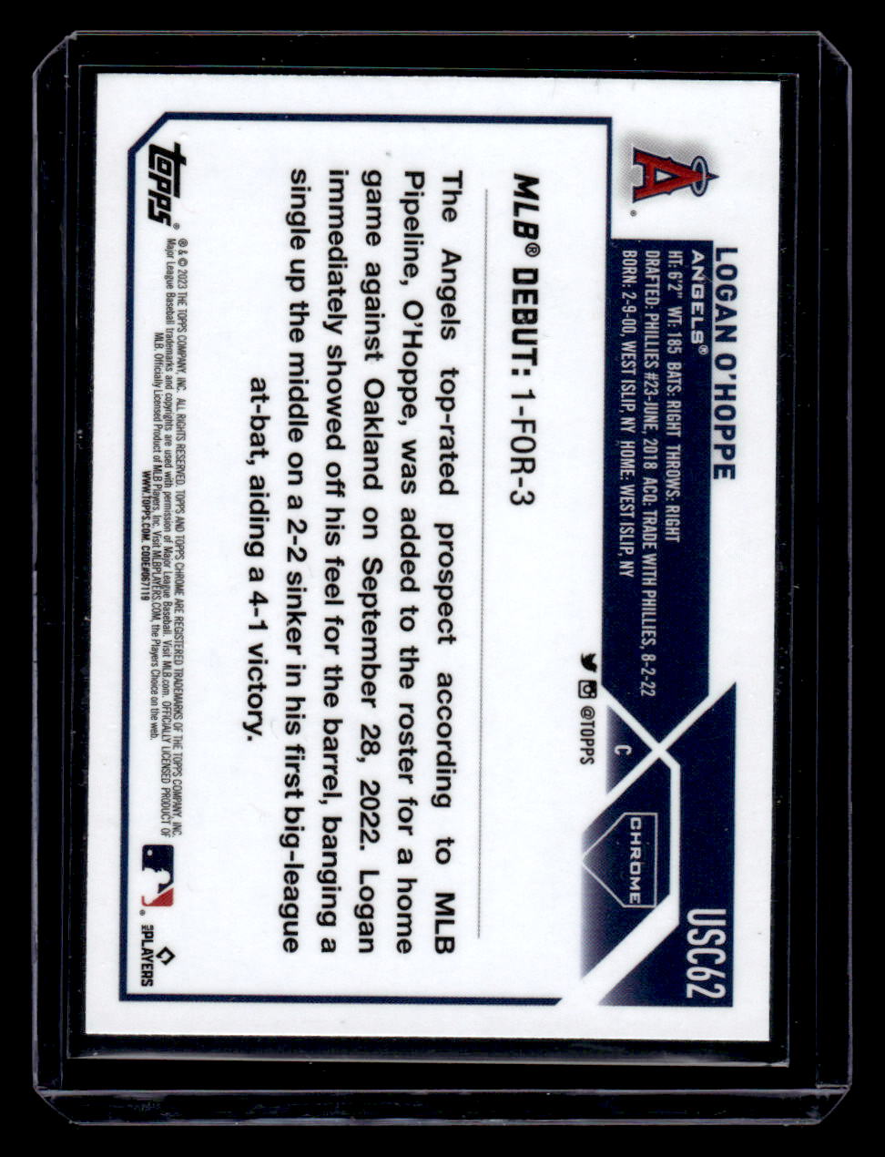 Logan O’Hoppe 2023 Topps Chrome Update Rookie Debut Refractor #USC62 (Angels)