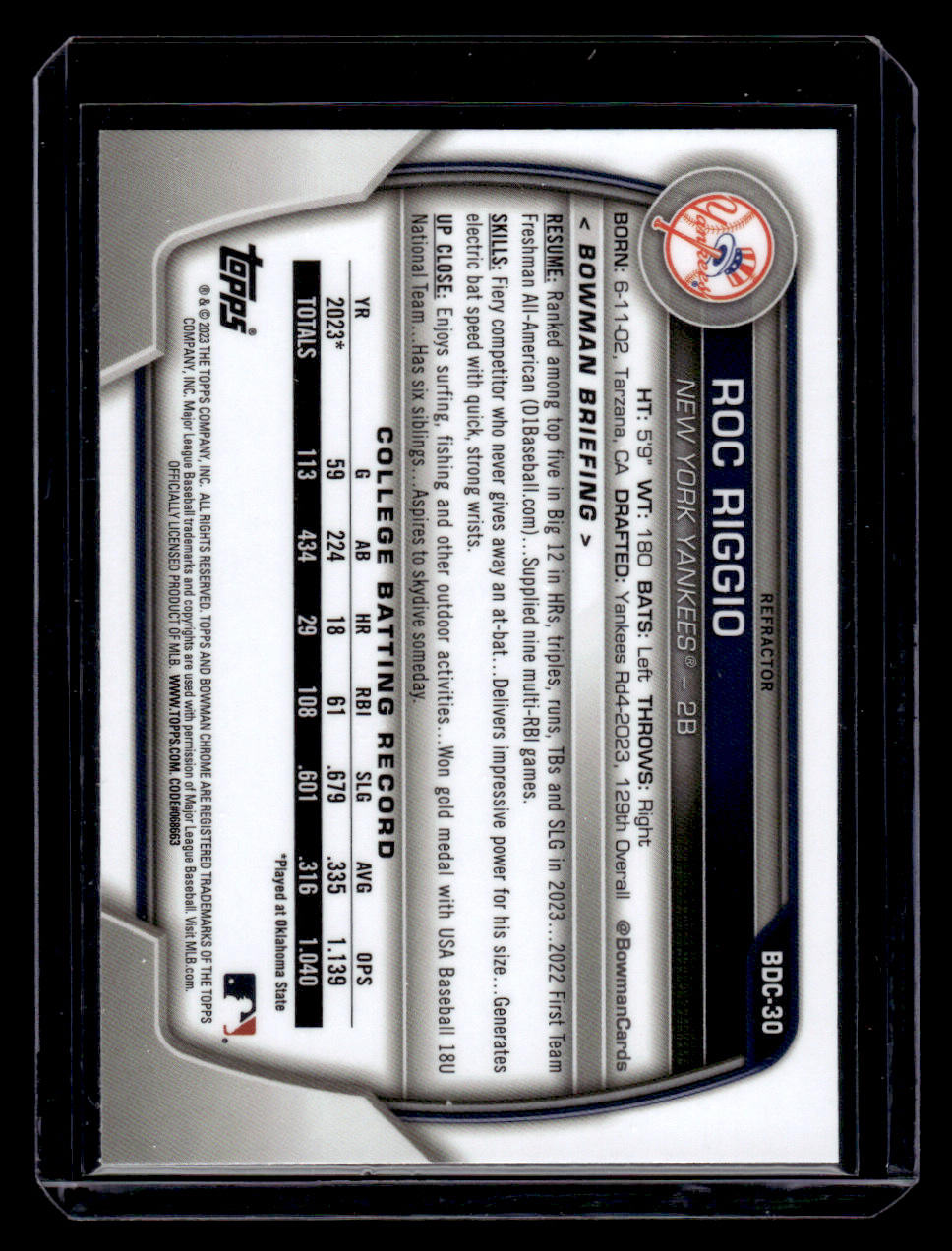 2023 Bowman Draft Roc Riggio 1st Chrome Refractor #BDC-30 (Yankees)