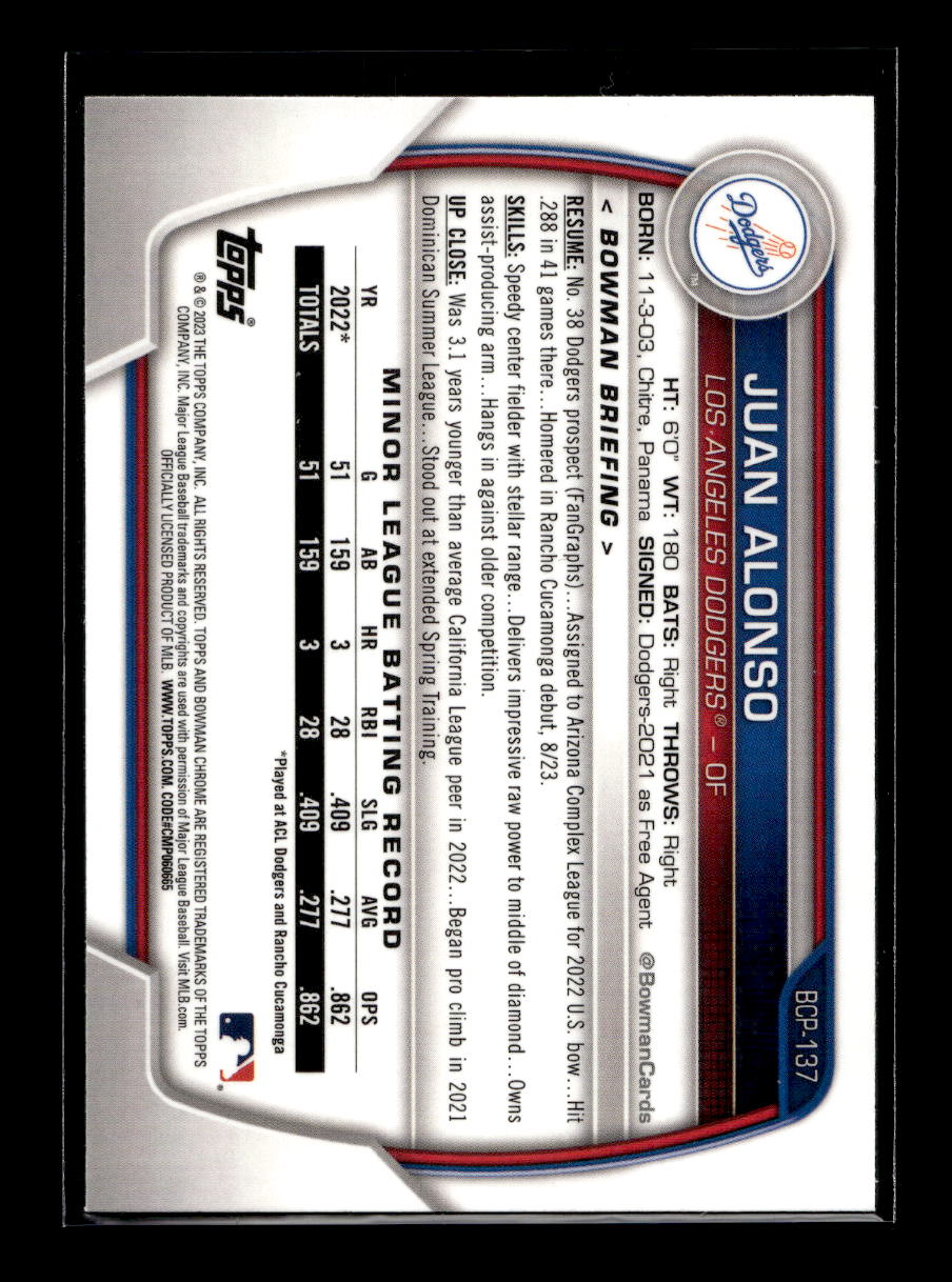 2023 Bowman Chrome Prospects #BCP137 Juan Alonso (Los Angeles Dodgers)