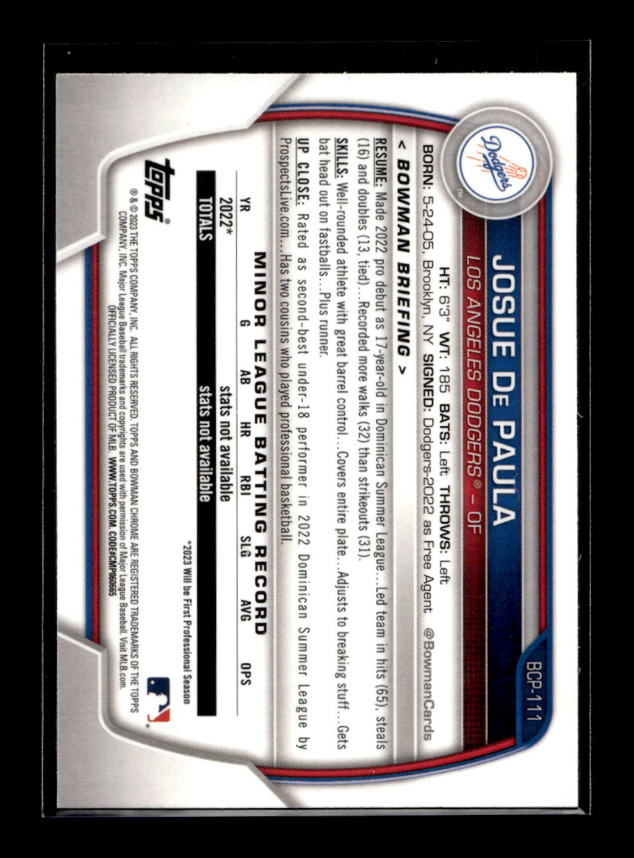 2023 Bowman Chrome Mega Box Prospects #BCP111 Josue De Paula (Los Angeles Dodgers)