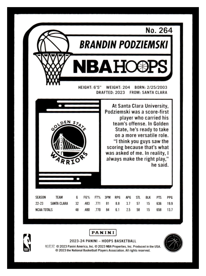 2023-24 NBA Hoops #264 Brandin Podziemski Rookie RC (Golden State Warriors)