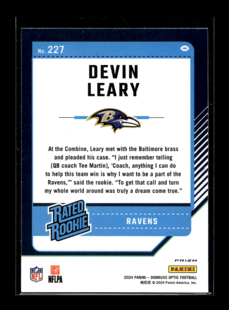 2024 Donruss Optic Purple Scope #227 Devin Leary Rated Rookie (Baltimore Ravens)