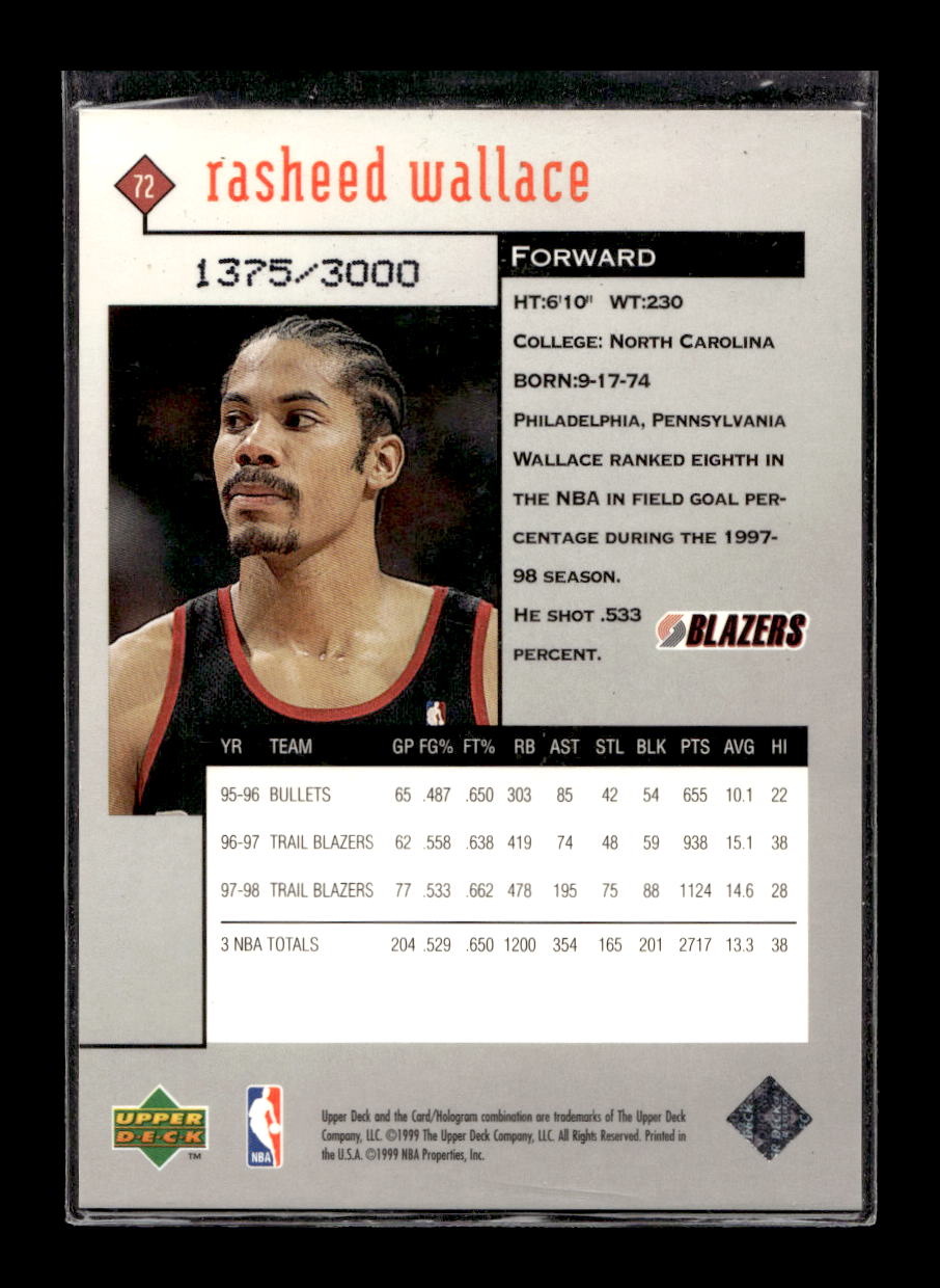 1998-99 Black Diamond Double Diamond #72 Rasheed Wallace  #'d /3000 (Portland Trail Blazers)