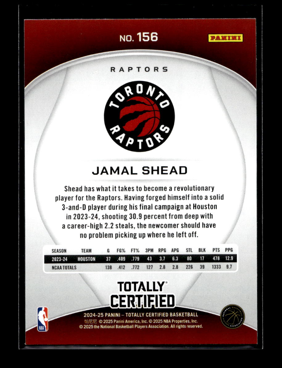 2024-25 Totally Certified Mirror Maroon #156 Jamal Shead (Toronto Raptors)