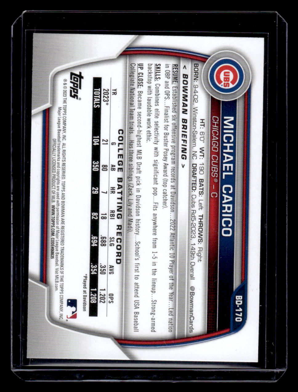 2023 Bowman Draft Sky Blue #'d /499 Michael Carico #BD-170 (Chicago Cubs)