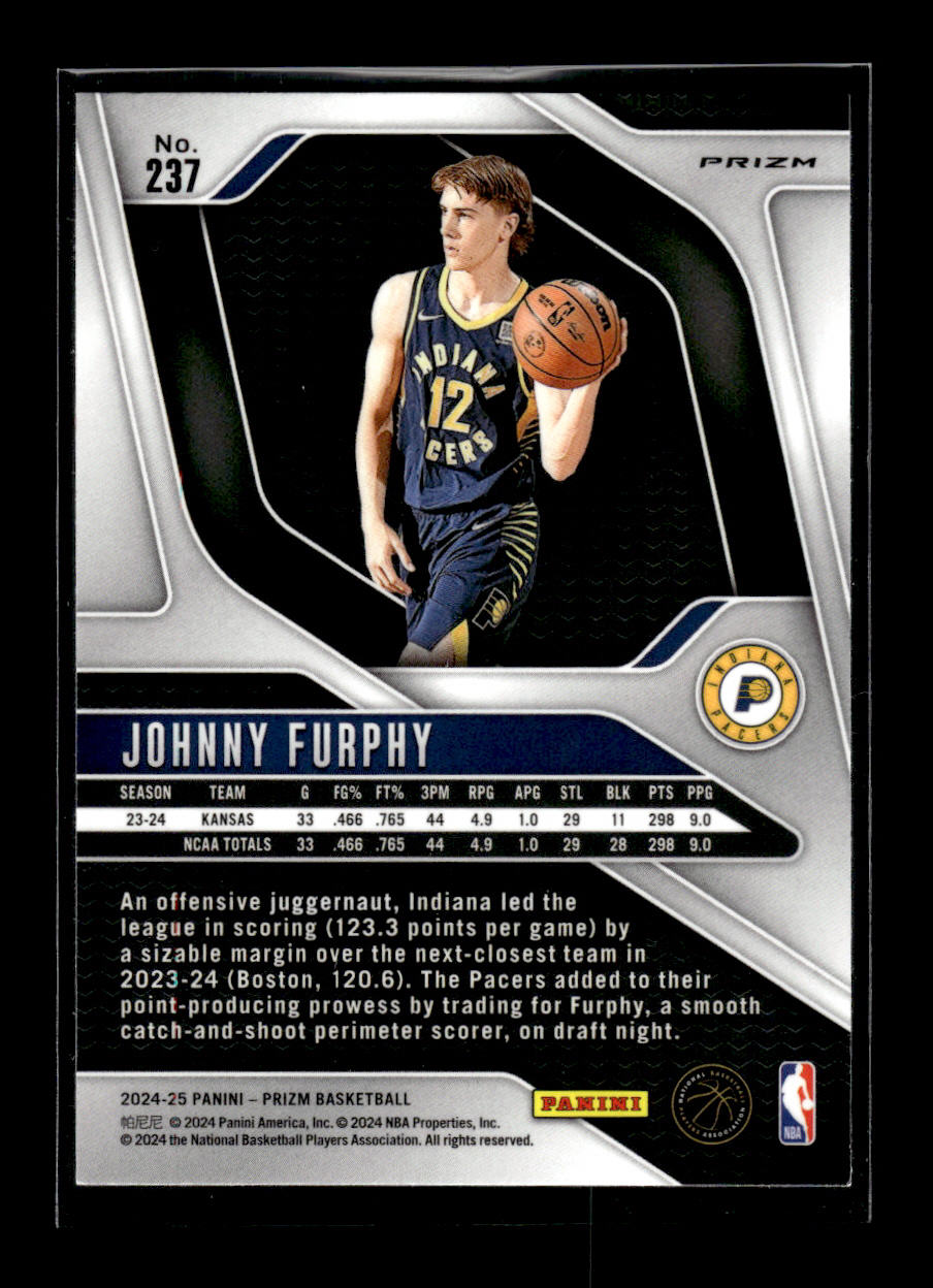 2024-25 Panini Prizm Prizms Orange Ice #237 Johnny Furphy (Indiana Pacers)