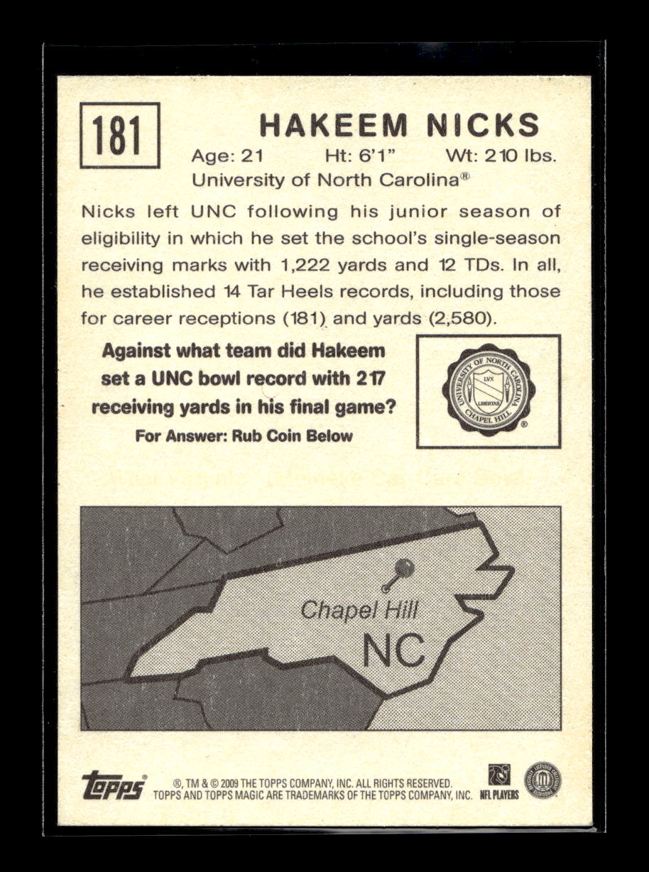 2009 Topps Magic #181 Hakeem Nicks Rookie Card