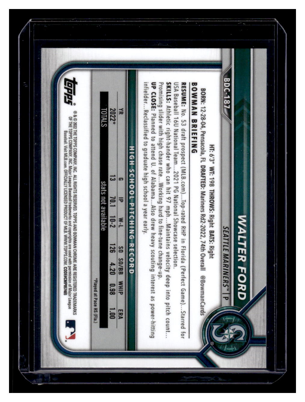 2022 Topps Bowman Chrome #BDC-187 "Sapphire - Cracked Ice" Walter Ford (Seattle Mariners)