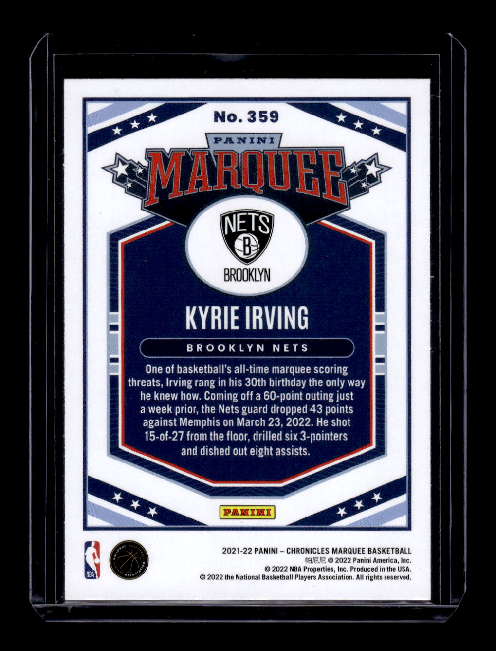 2021-22 Panini Chronicles Marquee #359 Kyrie Irving (Brooklyn Nets)