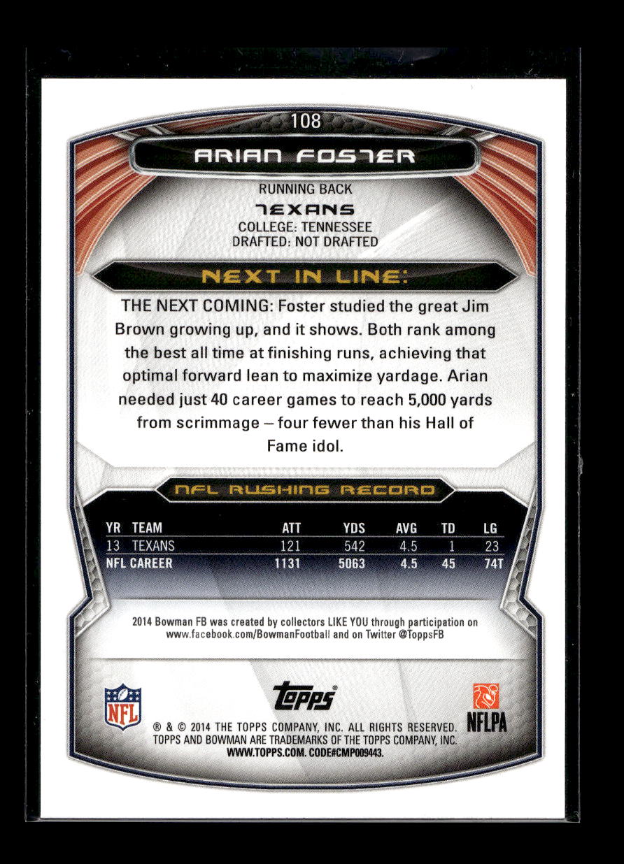 2014 Bowman #108 Arian Foster (Houston Texans)