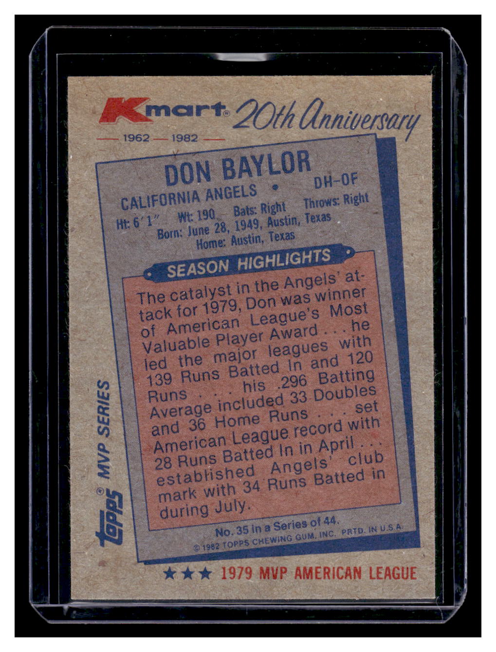 1982 Topps Kmart 20th Anniversary #35 Don Baylor (California Angels)