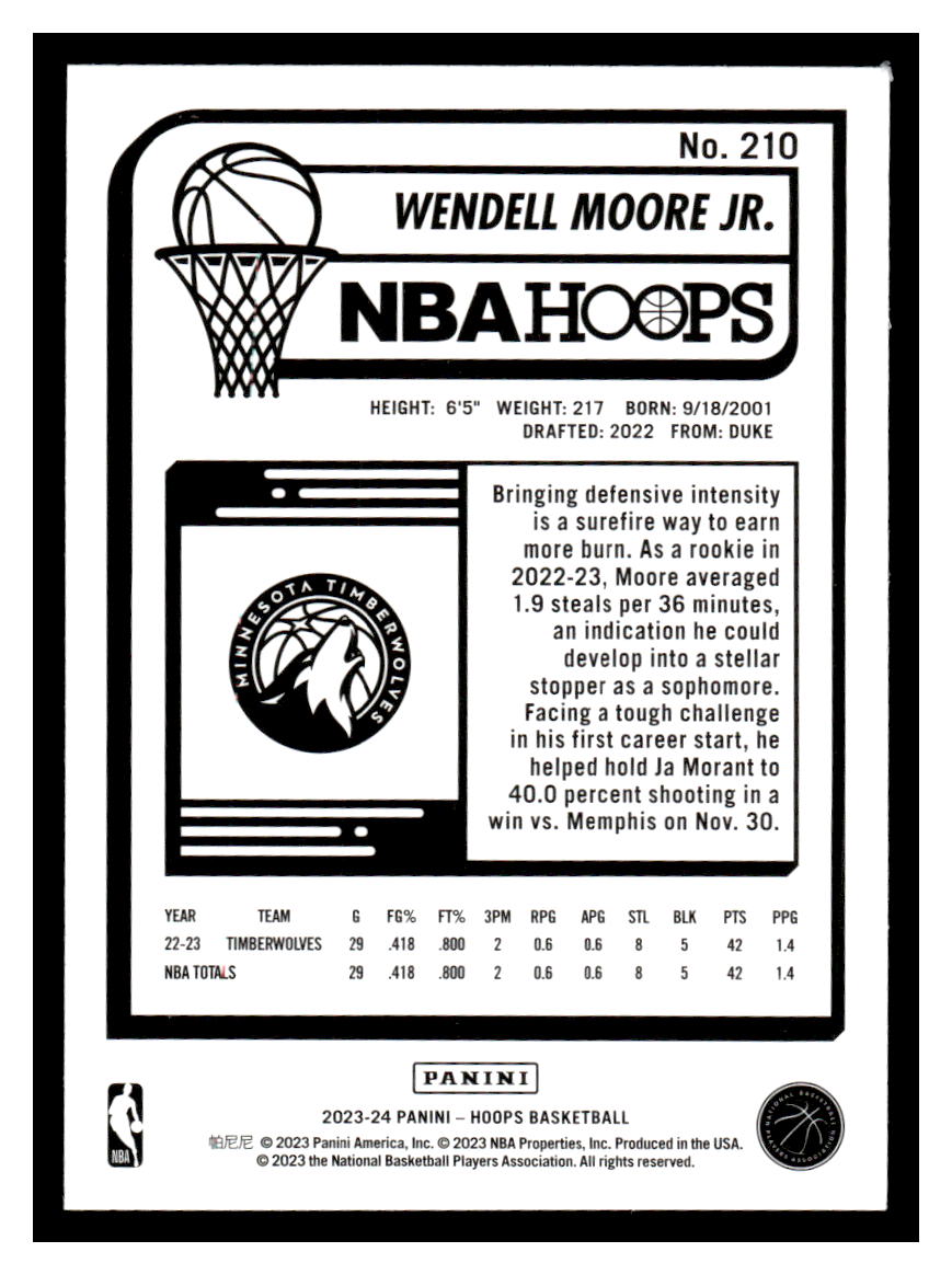 2023-24 Panini NBA Hoops #210 Wendell Moore Jr. (Minnesota Timberwolves)