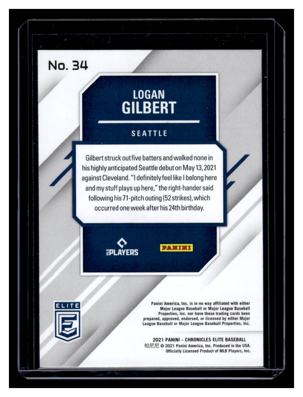 2021 Panini Chronicles "Elite" #34 Logan Gilbert (Seattle Mariners)