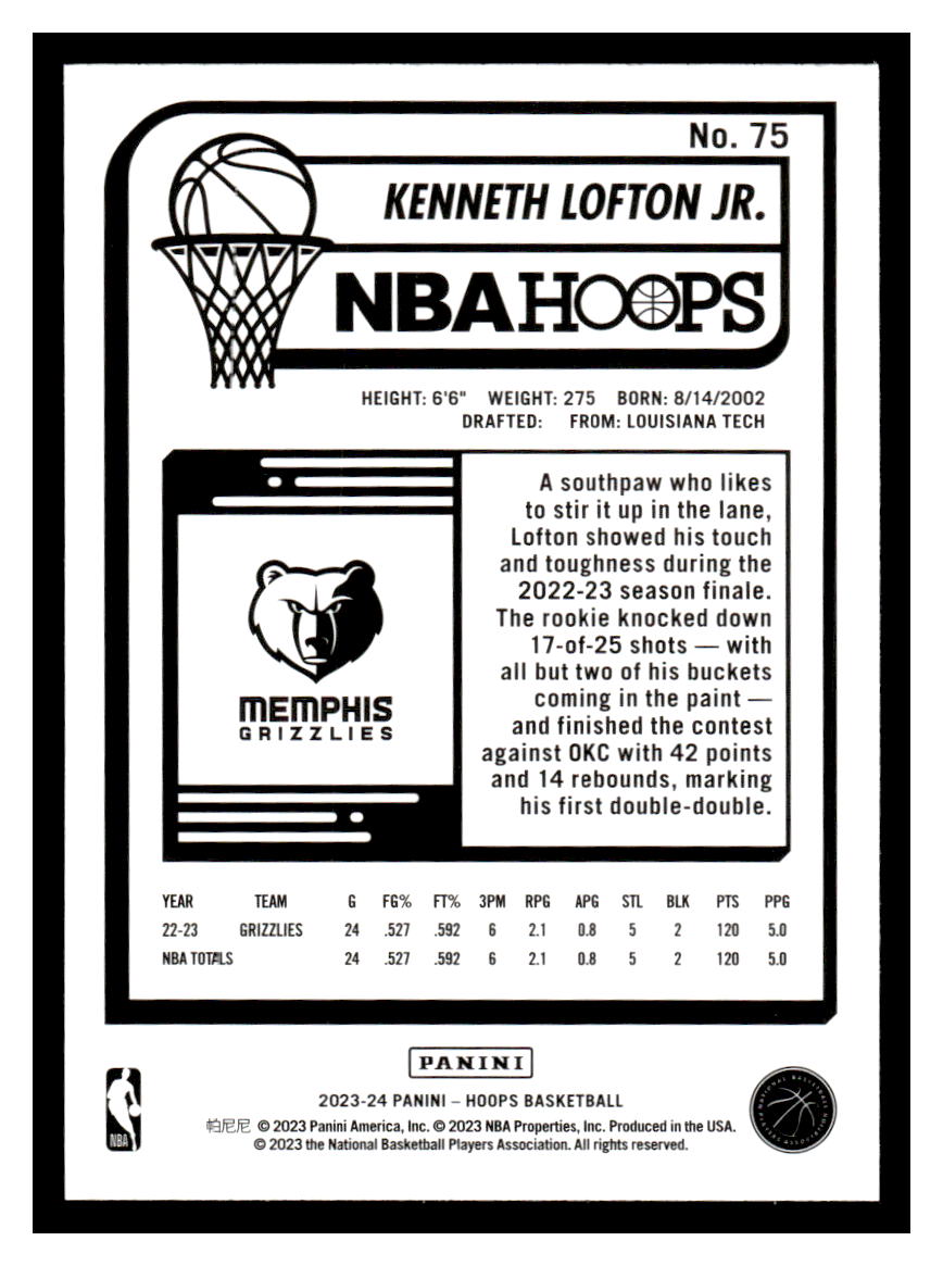 2023-24 NBA Hoops #75 Kenneth Lofton Jr. (Memphis Grizzlies)
