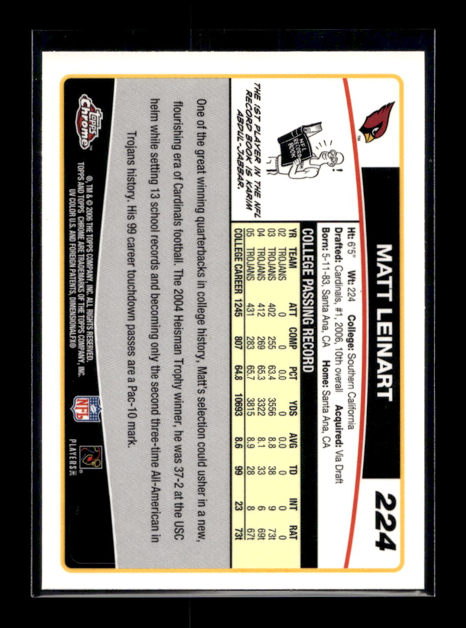 2006 Topps Chrome #224 Matt Leinart Rookie (Arizona Cardinals)